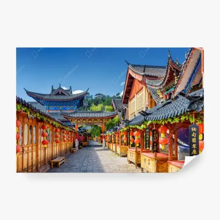 Fotomural calle tradicional de Lijiang, China bajo linternas rojas – Pixers®