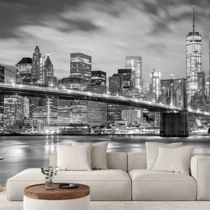 Fotomural Manhattan nocturna en blanco y negro: puente y rascacielos