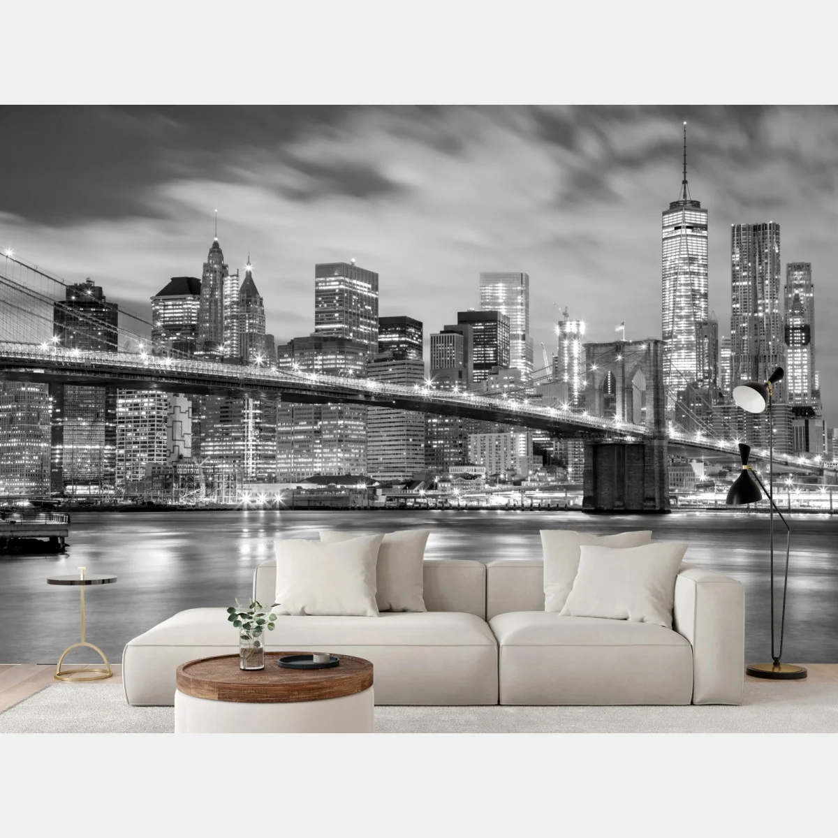Fotomural Manhattan nocturna en blanco y negro: puente y rascacielos – Pixers® Fotomural Manhattan nocturna en blanco y negro: puente y rascacielos – Pixers®