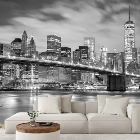 Fotomural Manhattan nocturna en blanco y negro: puente y rascacielos