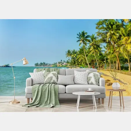 Fotomural playa tropical con palmeras y barcas – Pixers®