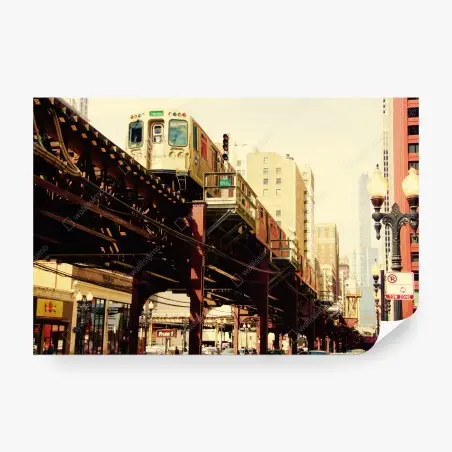 Fotomural vibrante escena urbana con tren elevado en Chicago – Pixers®