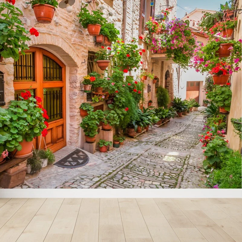 Fotomural encanto de un callejón florido en Umbría