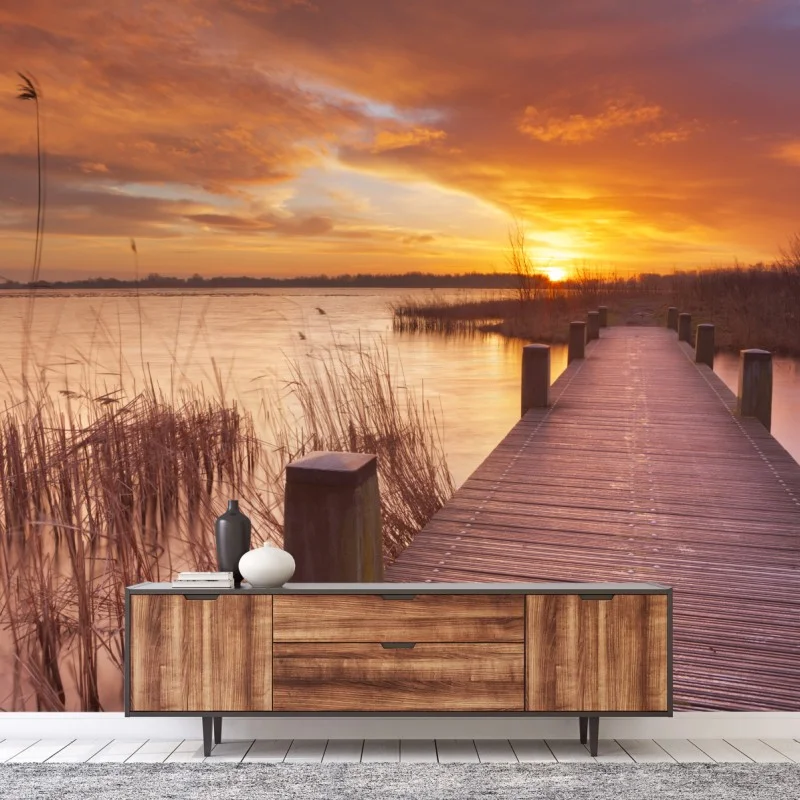 Fotomural amanecer dorado en el lago cerca de Amsterdam
