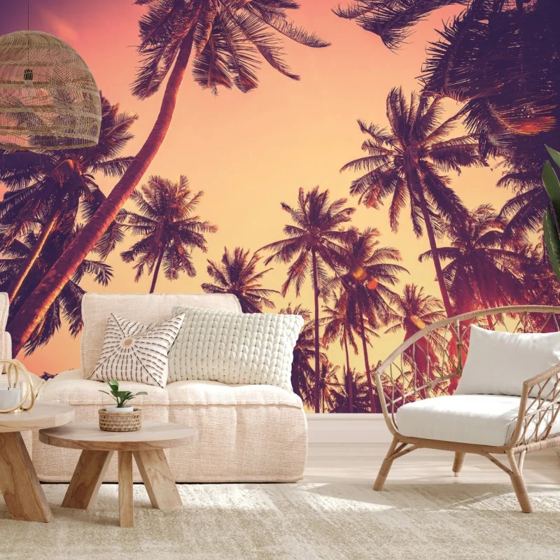Fotomural atardecer tropical vintage con palmeras