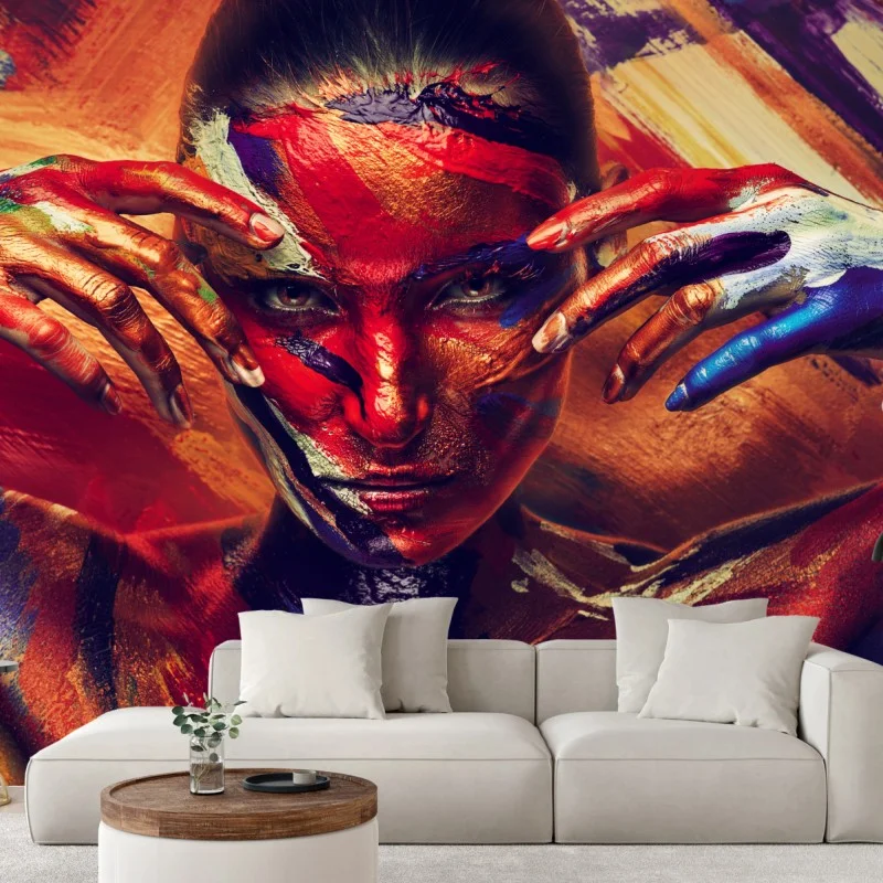 Fotomural rostro pintado: arte corporal en colores vibrantes