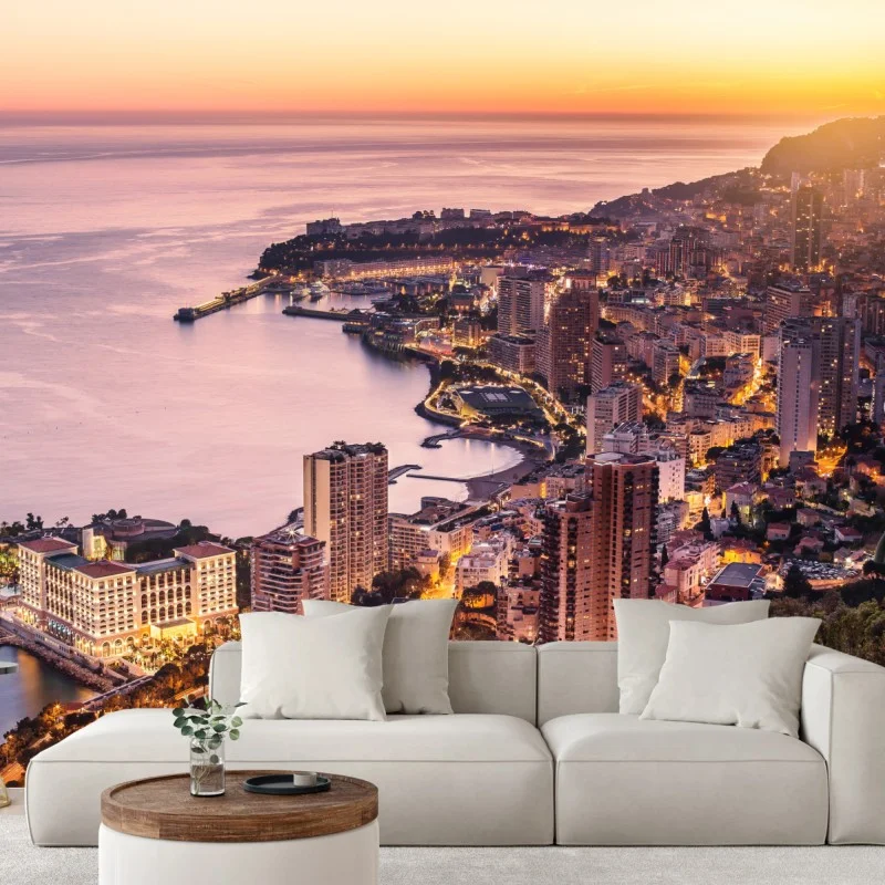 Fotomural panorámica costera urbana al atardecer