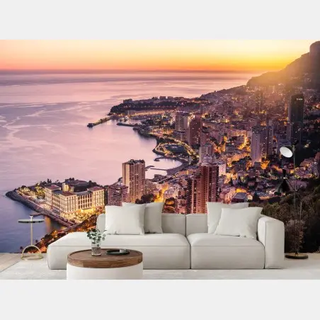 Fotomural panorámica costera urbana al atardecer – Pixers®