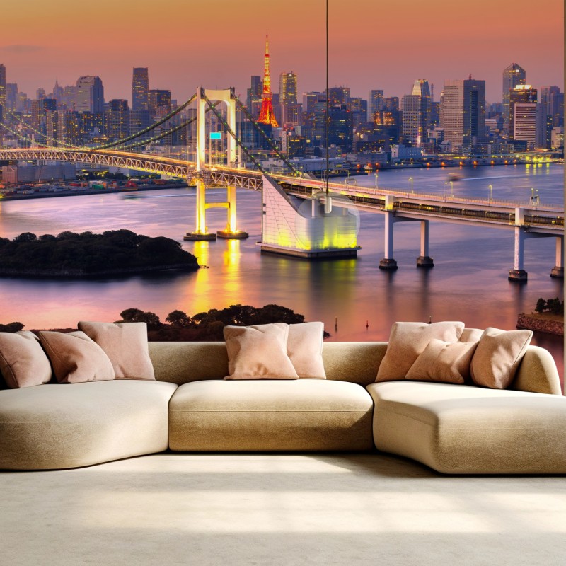 Fotomural paisaje urbano de Tokio al atardecer con puente iluminado