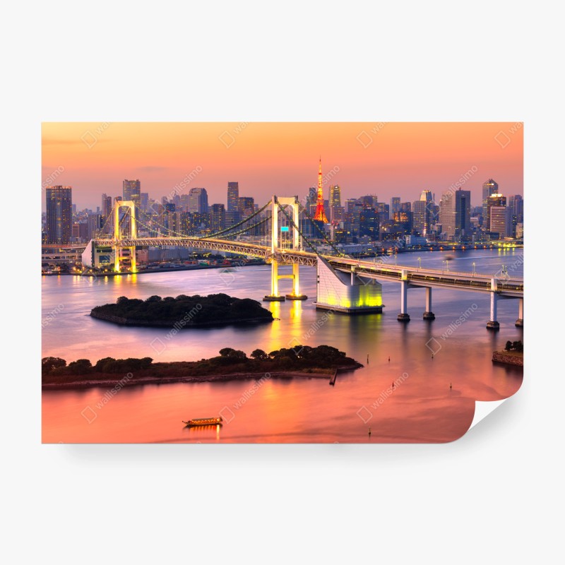 Fotomural paisaje urbano de Tokio al atardecer con puente iluminado