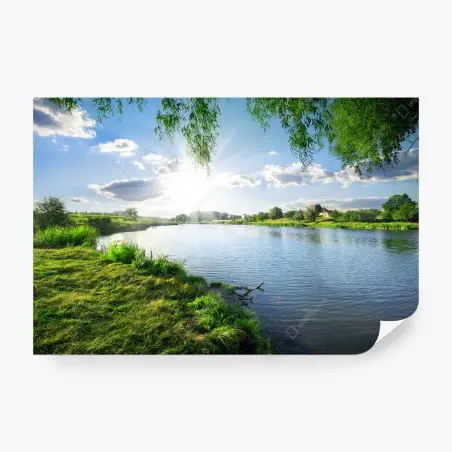Fotomural paisaje ribereño sereno con sol radiante – Pixers®