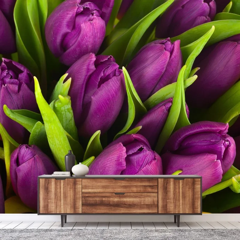 Fotomural ramo de tulipanes morados en primer plano