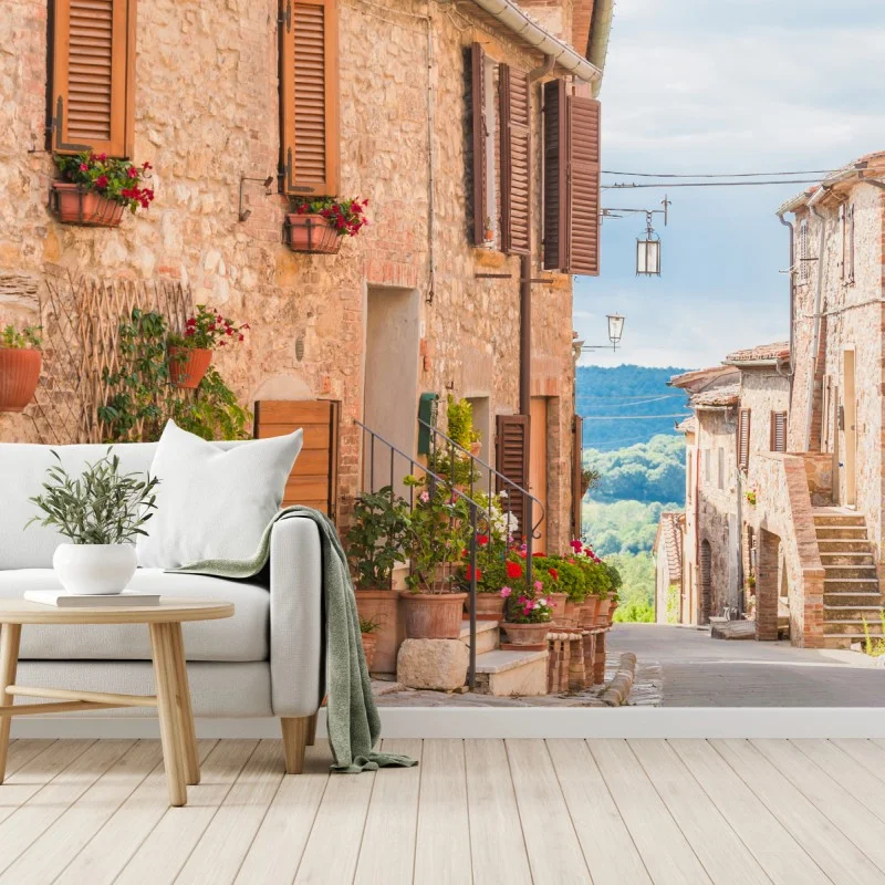 Fotomural calle medieval en Toscana con macetas y flores