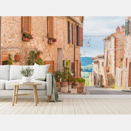 Fotomural calle medieval en Toscana con macetas y flores – Pixers®