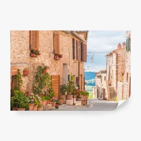 Fotomural calle medieval en Toscana con macetas y flores – Pixers®