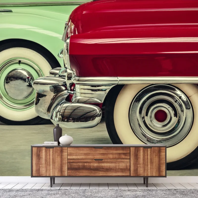 Fotomural detalle retro de coches clásicos: ruedas y cromados