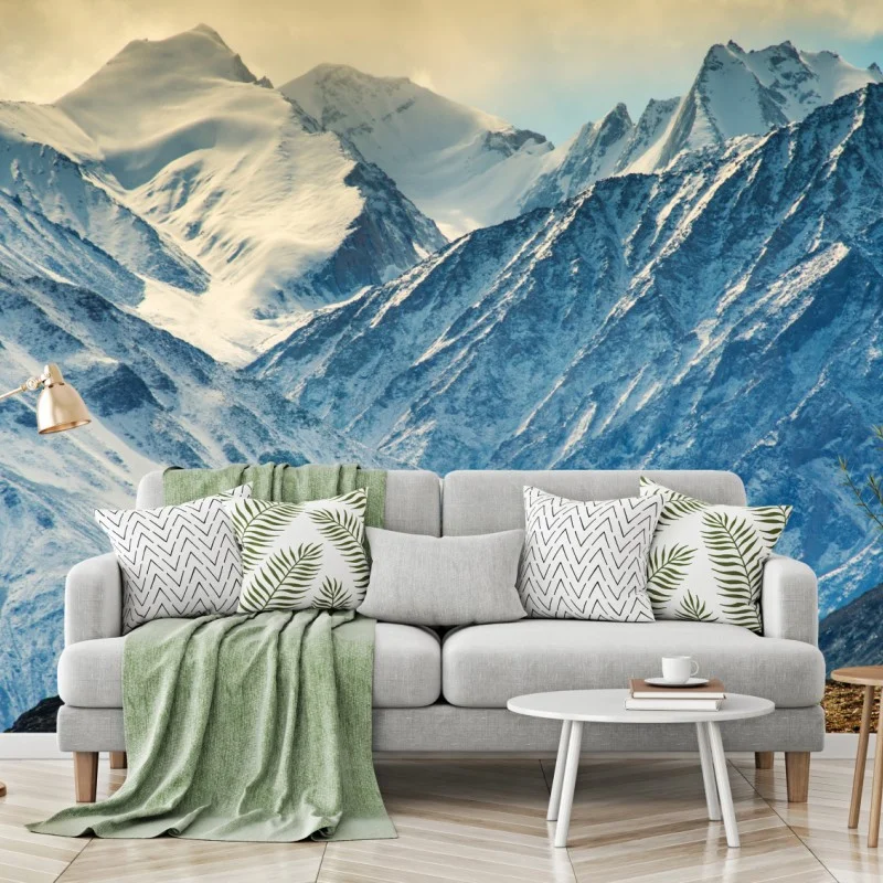 Fotomural santuario budista sobre las montañas nevadas