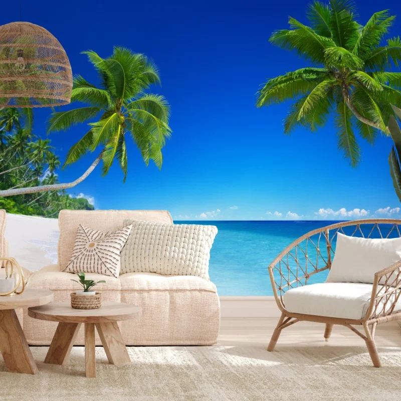 Fotomural paraíso tropical con palmeras y mar turquesa