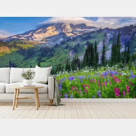 Fotomural paisaje alpino de flores silvestres al atardecer – Pixers®