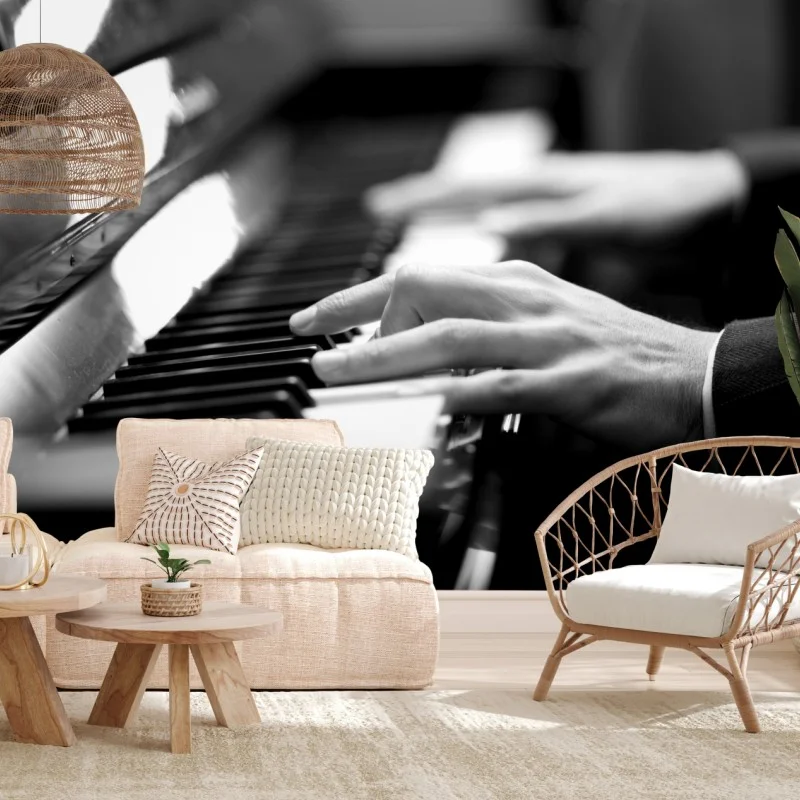 Fotomural manos al piano en blanco y negro