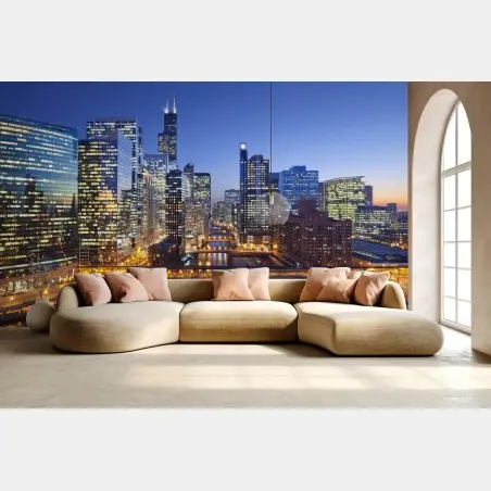Fotomural panorama nocturno de Chicago – Pixers®