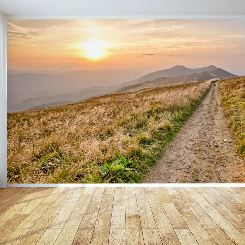 Fotomural atardecer dorado en Bieszczady, camino entre montañas