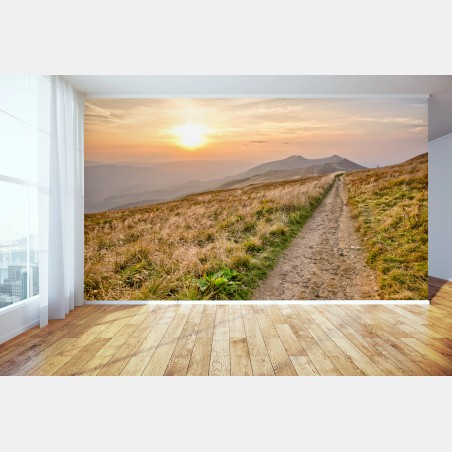 Fotomural atardecer dorado en Bieszczady, camino entre montañas – Pixers®