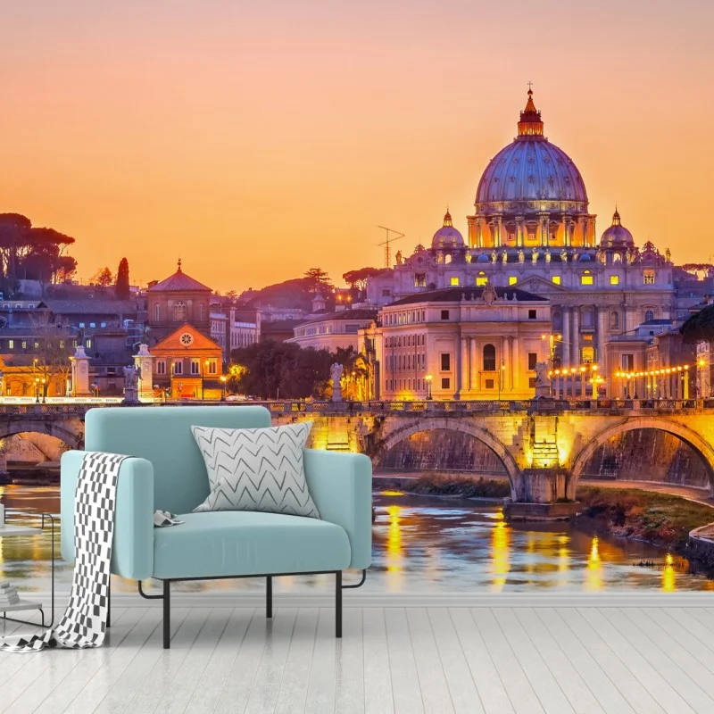 Fotomural puesta de sol sobre Roma y la Basílica de San Pedro