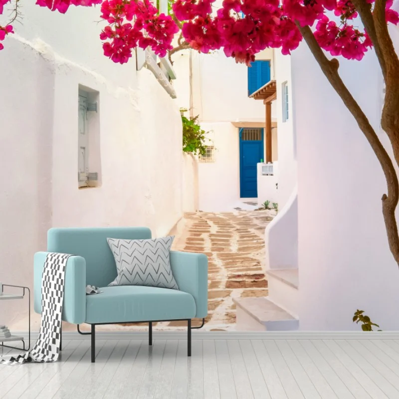 Fotomural calle mediterránea con buganvillas rosas