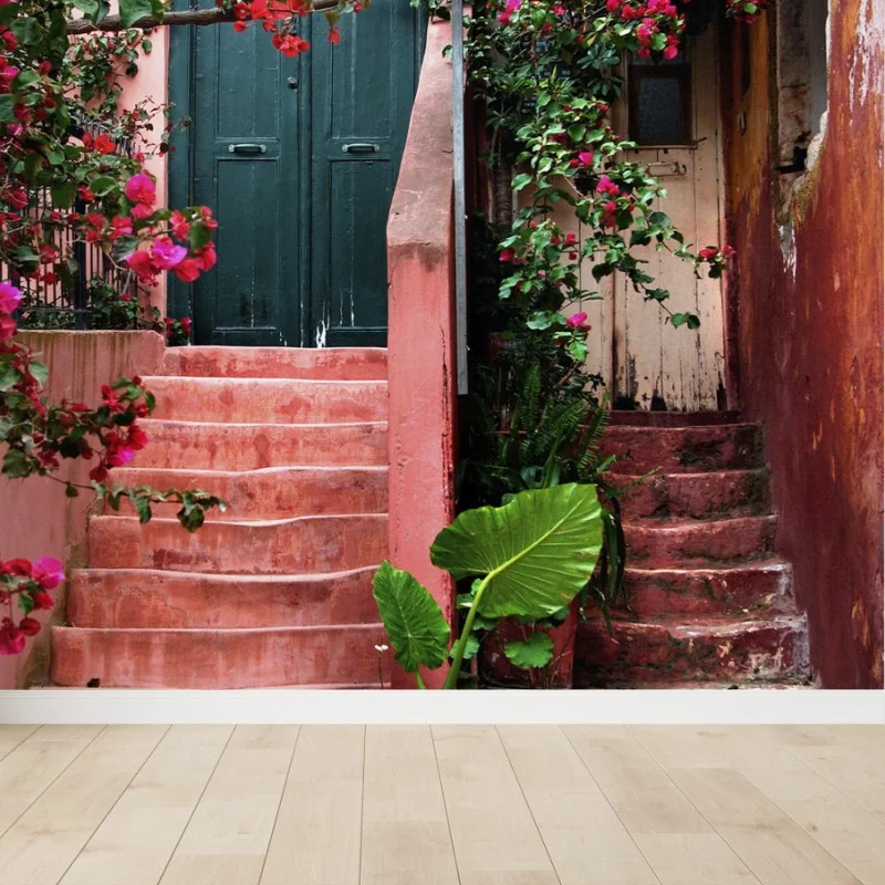 Fotomural escalera florida entre muros rosados