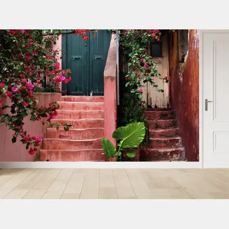 Fotomural escalera florida entre muros rosados – Pixers®