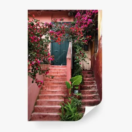 Fotomural escalera florida entre muros rosados – Pixers®