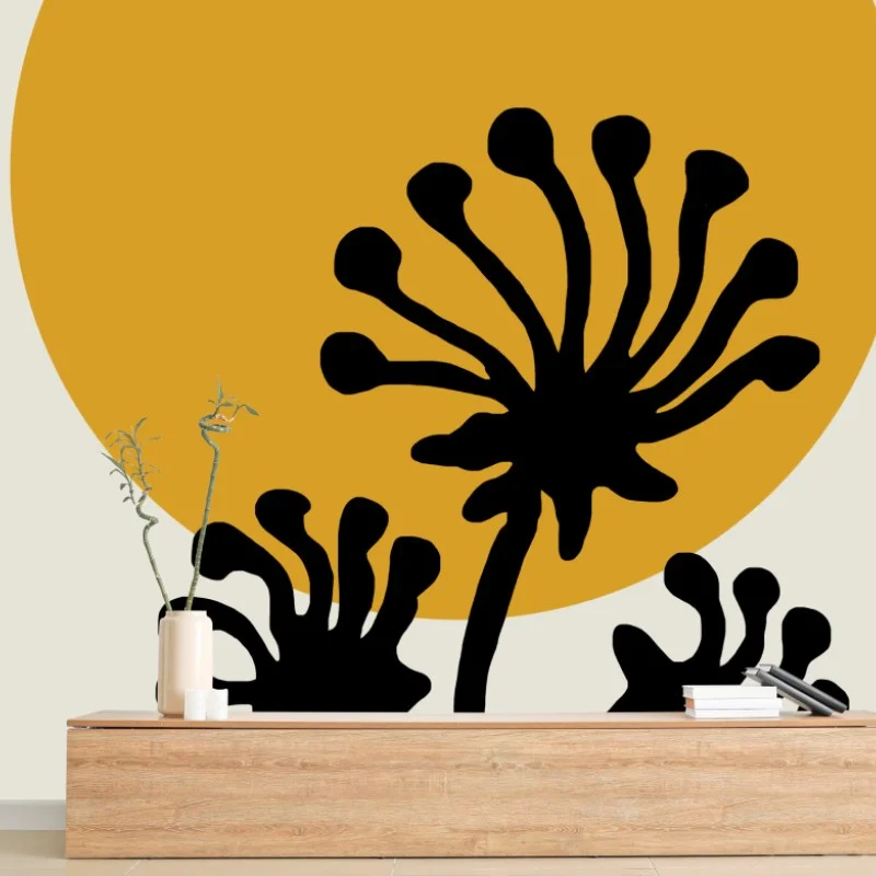 Fotomural sol y silueta botánica minimalista