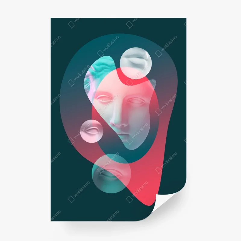 Fotomural rostro clásico surrealista con formas abstractas y colores vibrantes