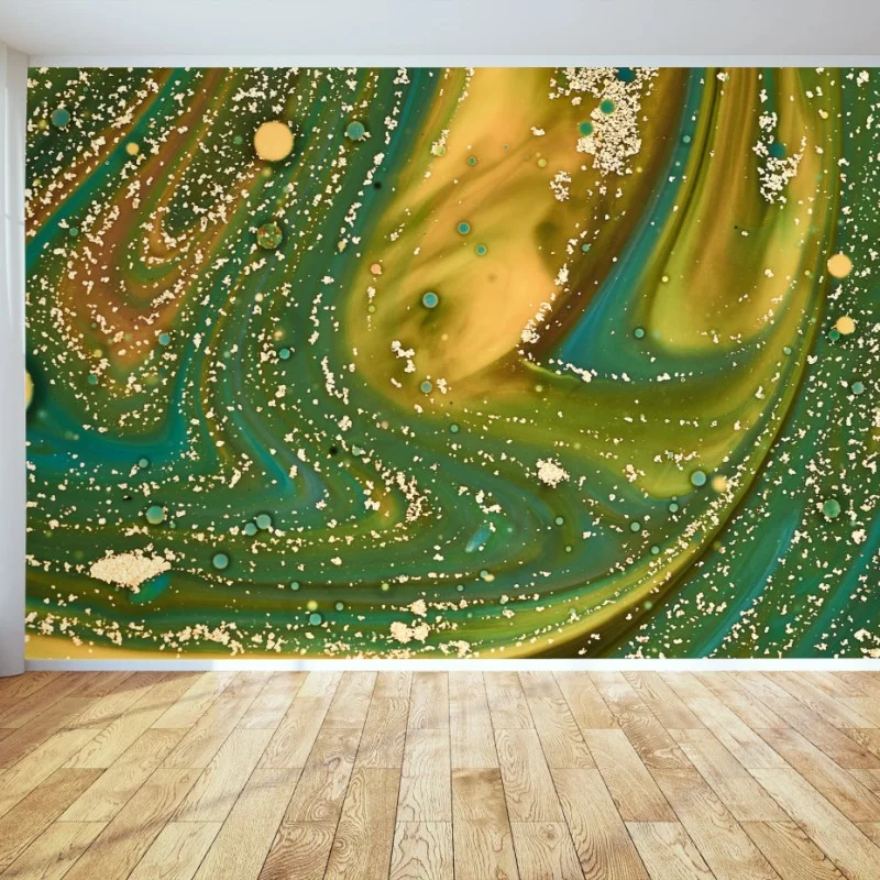 Fotomural paisaje fluido verde y dorado con textura iridiscente