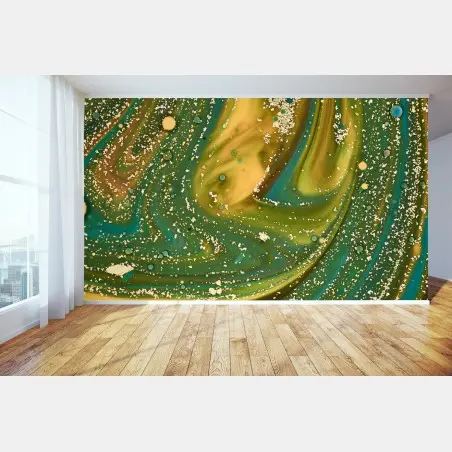 Fotomural paisaje fluido verde y dorado con textura iridiscente – Pixers®