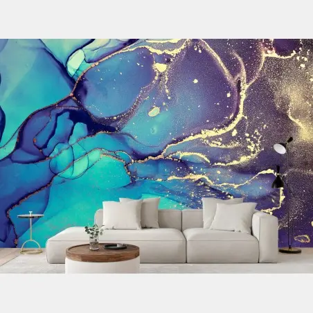 Fotomural arte abstracto en tinta de alcohol azul y dorado – Pixers®