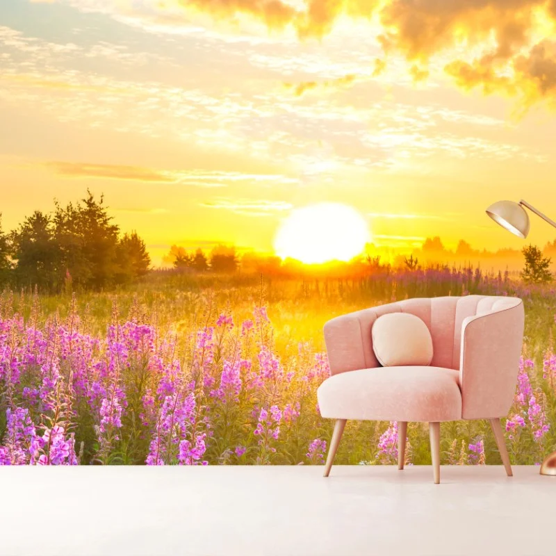 Fotomural amanecer en pradera florecida