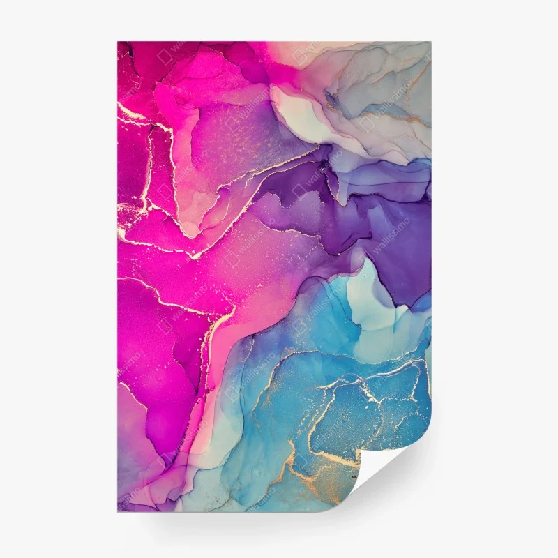 Fotomural paisaje abstracto en tinta al alcohol fucsia y turquesa
