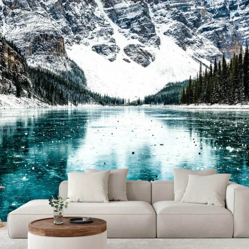 Fotomural paisaje invernal de montañas y lago turquesa