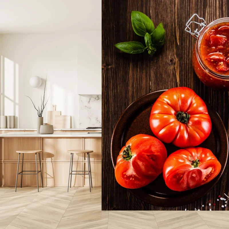 Fotomural tomates maduros y salsa casera sobre madera rústica