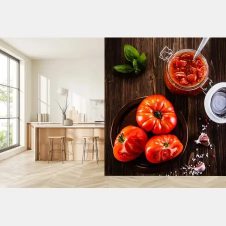 Fotomural tomates maduros y salsa casera sobre madera rústica – Pixers®