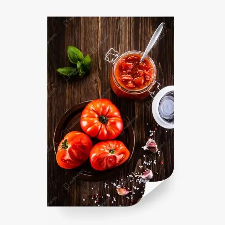 Fotomural tomates maduros y salsa casera sobre madera rústica – Pixers®