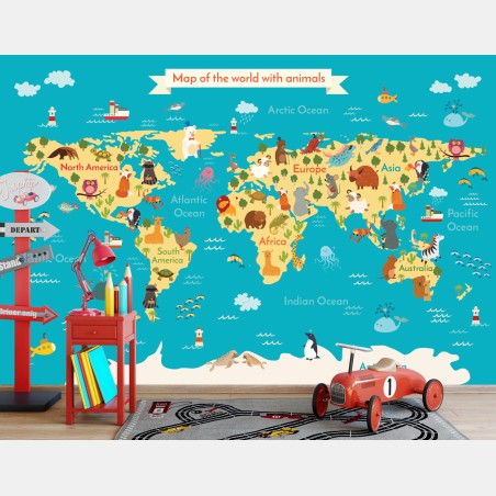 Fotomural mapa del mundo con animales – Pixers®