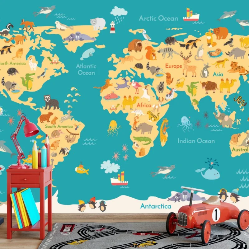 Fotomural mapamundi ilustrado de fauna mundial