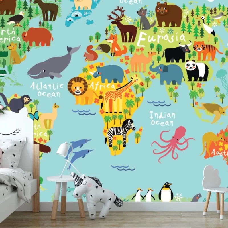 Fotomural mapa del mundo con animales para decoración infantil