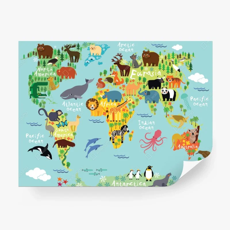 Fotomural mapa del mundo con animales para decoración infantil