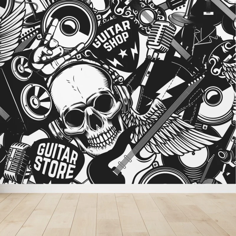 Fotomural calavera rock y guitarras en diseño monocromo
