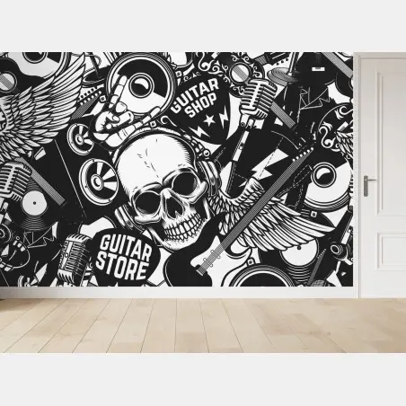 Fotomural calavera rock y guitarras en diseño monocromo – Pixers®
