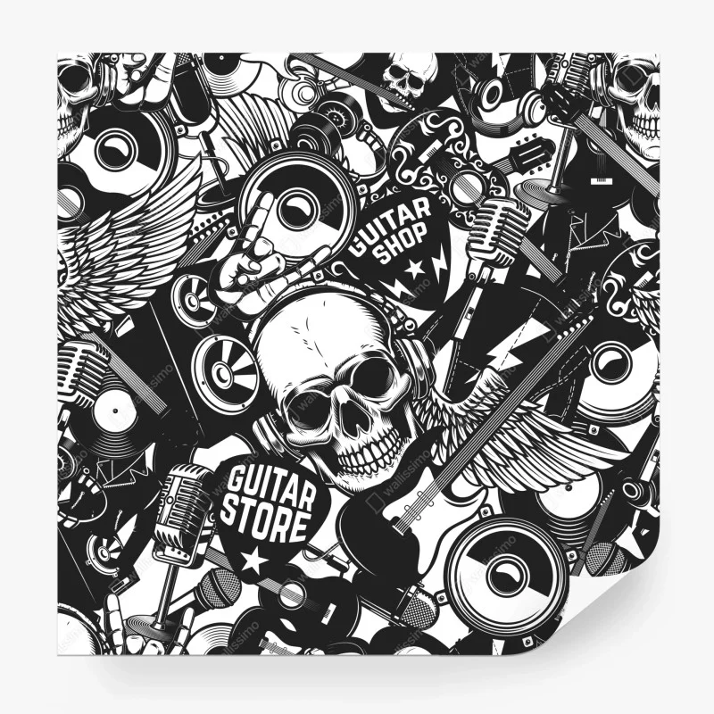 Fotomural calavera rock y guitarras en diseño monocromo